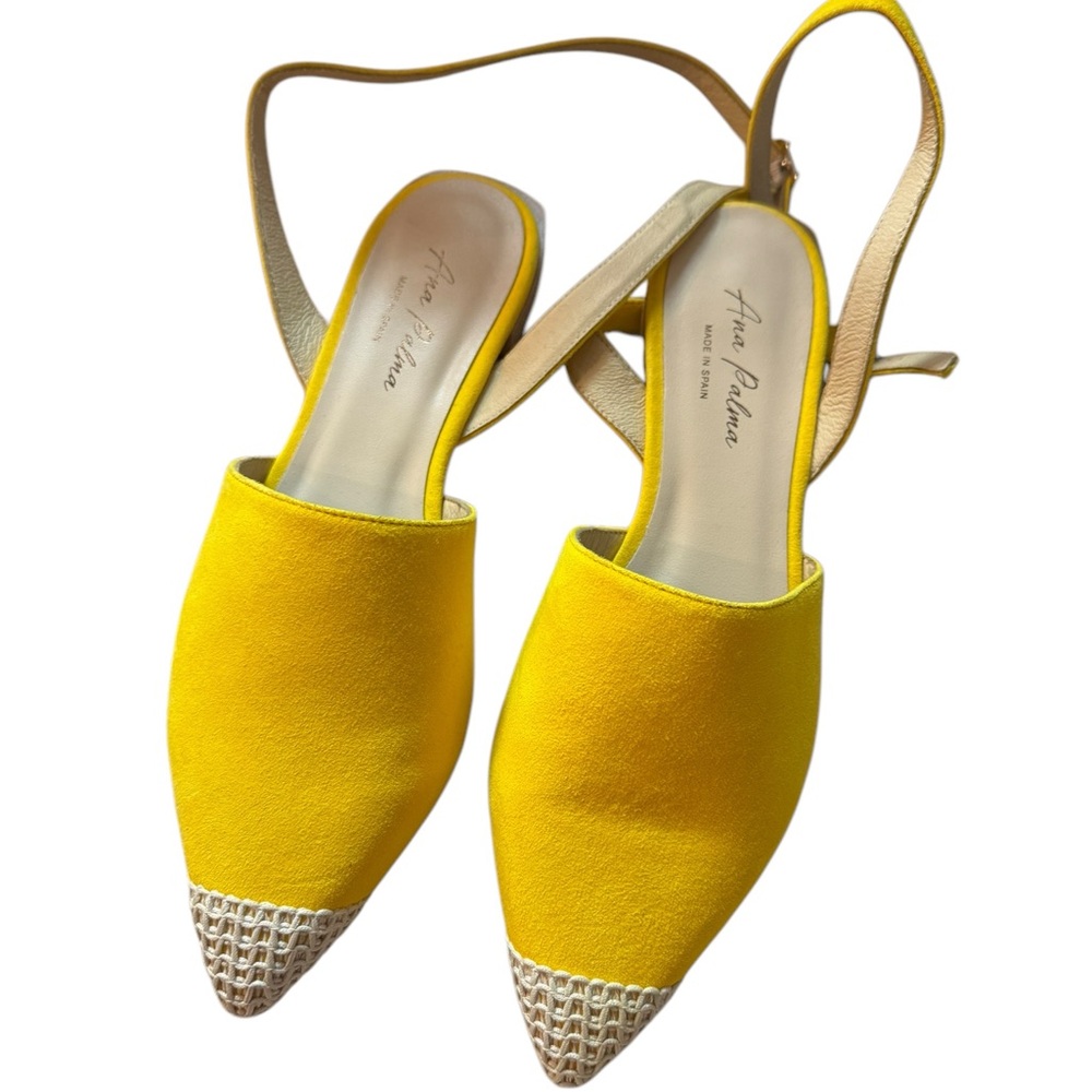 Ana Palma Suede Leather Yellow Slingback Pointed Toe Flat Sandals Size 9.5-10 - Picture 3 of 9